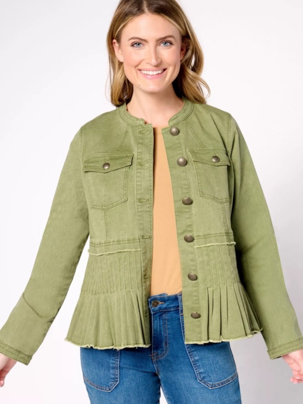 LOGO by Lori Goldstein Olive Green Peplum Jean Jacket